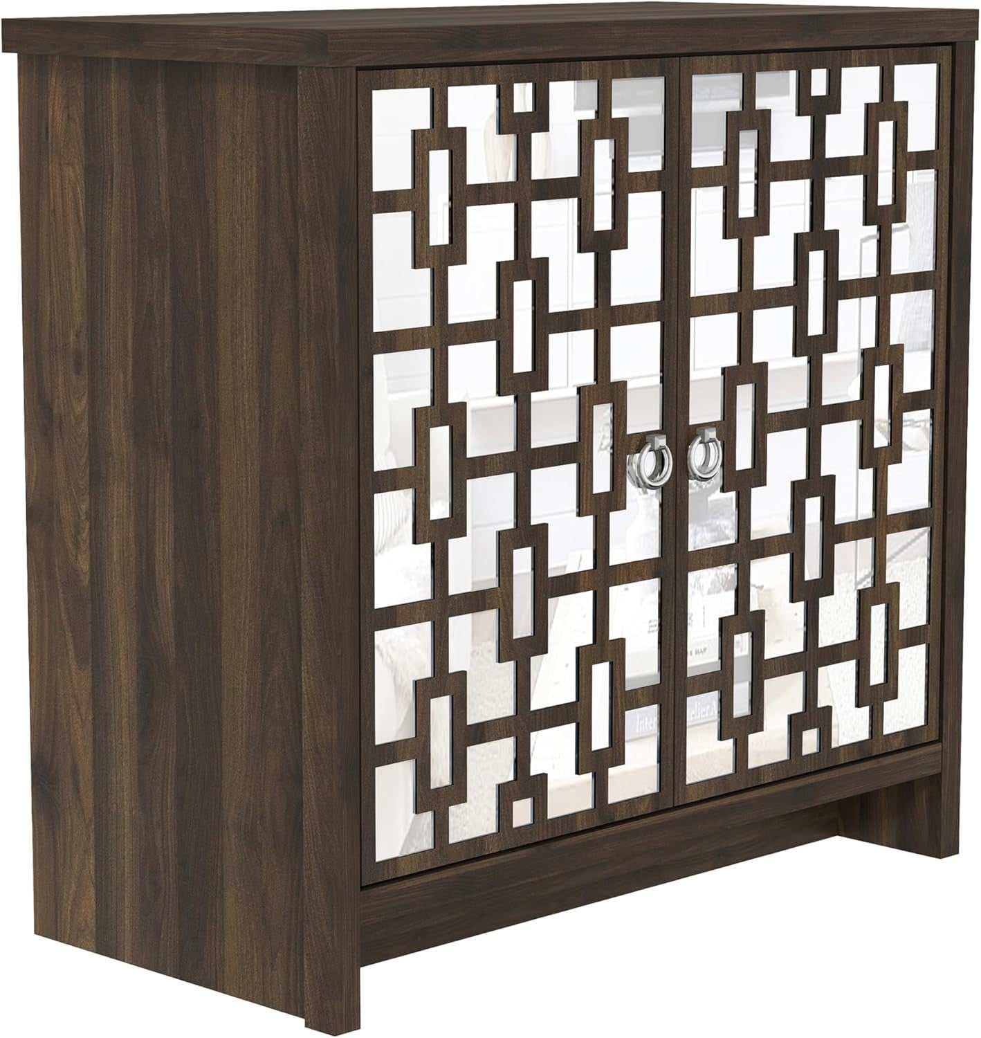 Walnut Mirrored Sideboard Cabinet 2 Door Storage Laser Cut Design