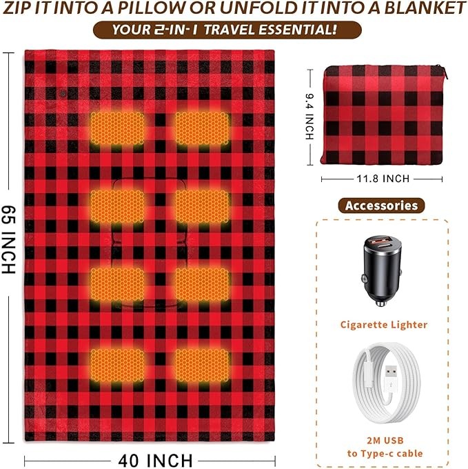 Electric Heated Car Blanket 12V Portable Travel Throw 3 Heat Levels Washable