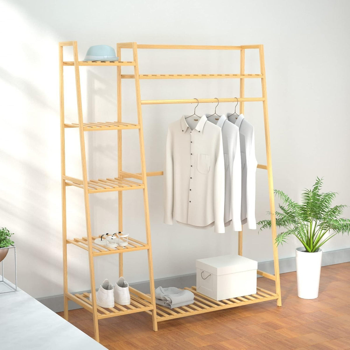 Bamboo Clothes Rack with Shelves, Freestanding Garment Rail Beige