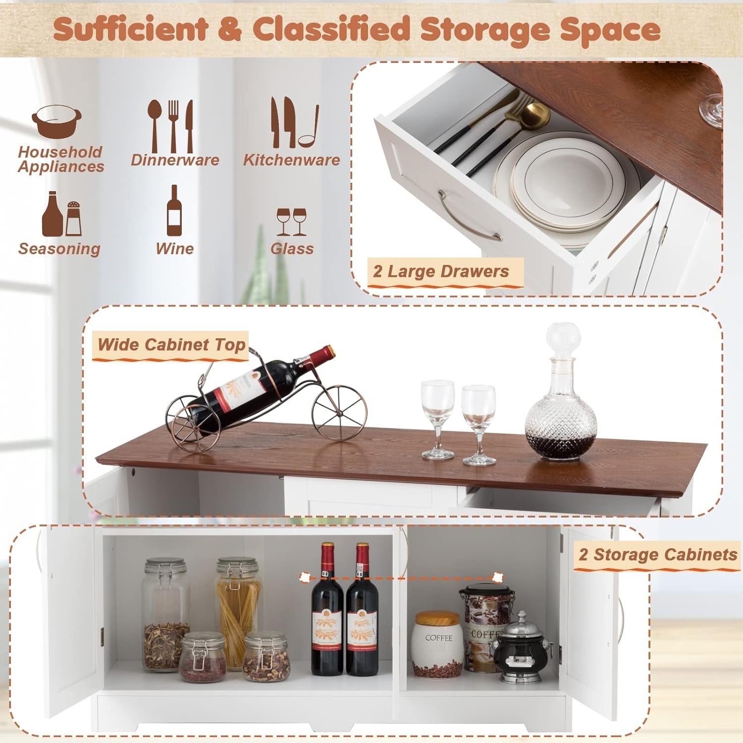 Modern White Red Sideboard Storage Cabinet with Drawers & Shelves