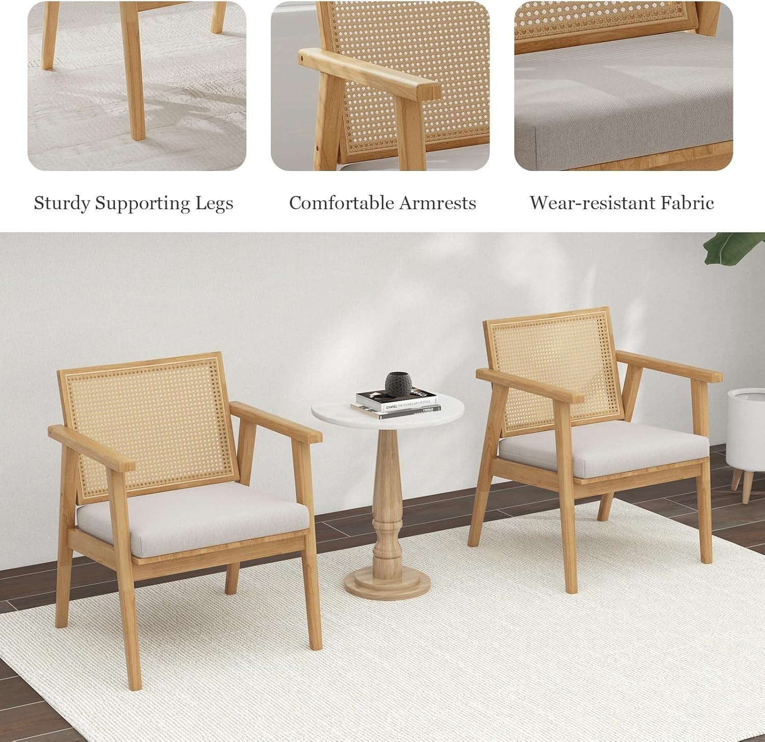 Set of 2 Rattan Accent Armchairs Solid Wood Frame Cushioned Lounge Chairs