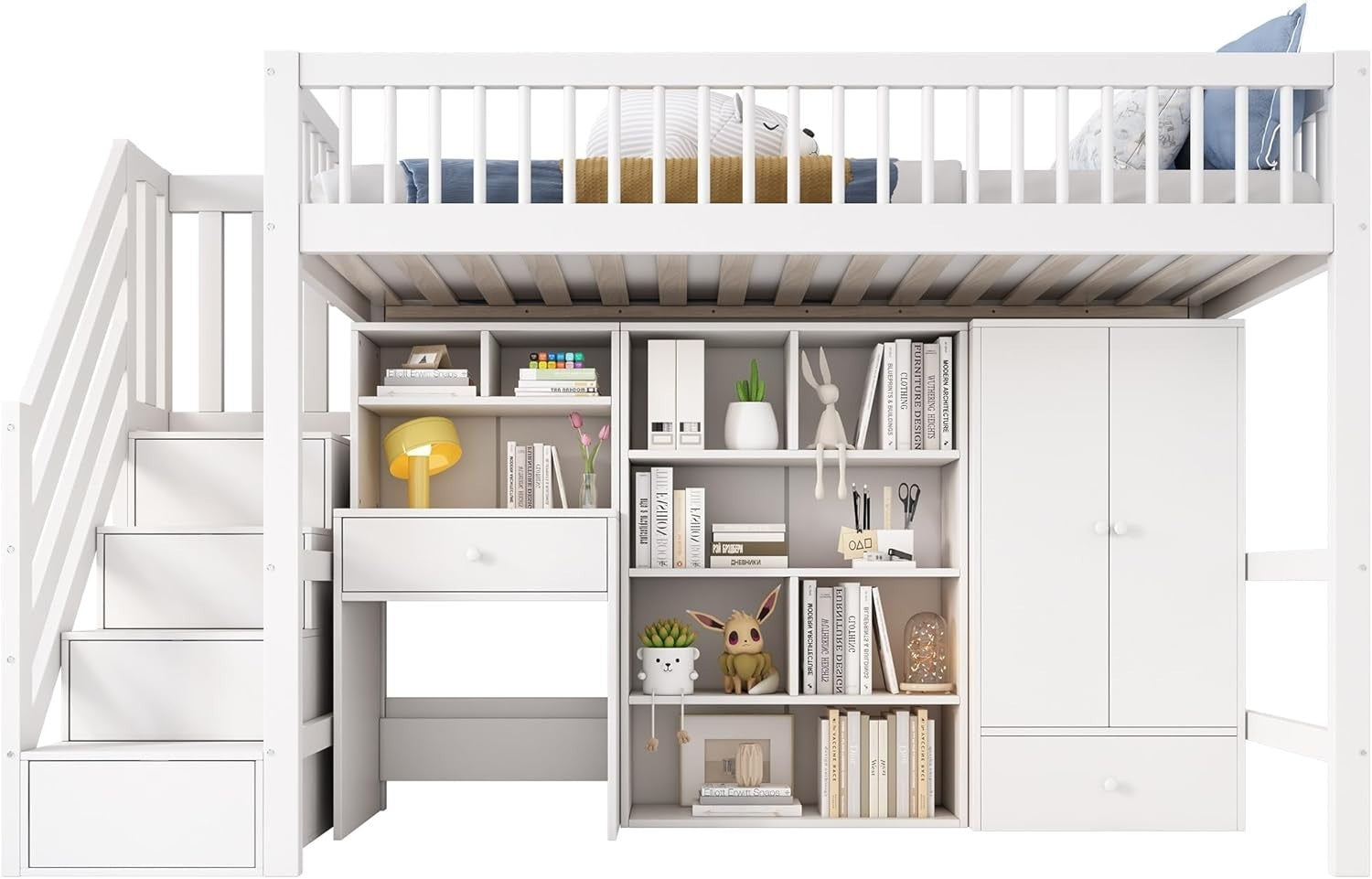 Kids Loft Bed with Desk Wardrobe Drawers Stairs Storage 3FT 90x190cm