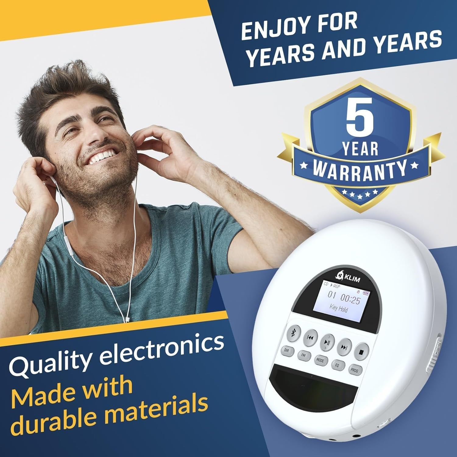 Portable CD Player Bluetooth FM Radio TF Card Rechargeable White w/ Earbuds