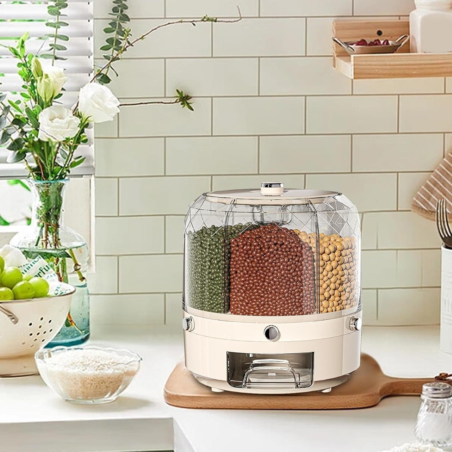 Round Rotating Grain Dispenser 6 Grid Dry Food Storage Jar Button Press