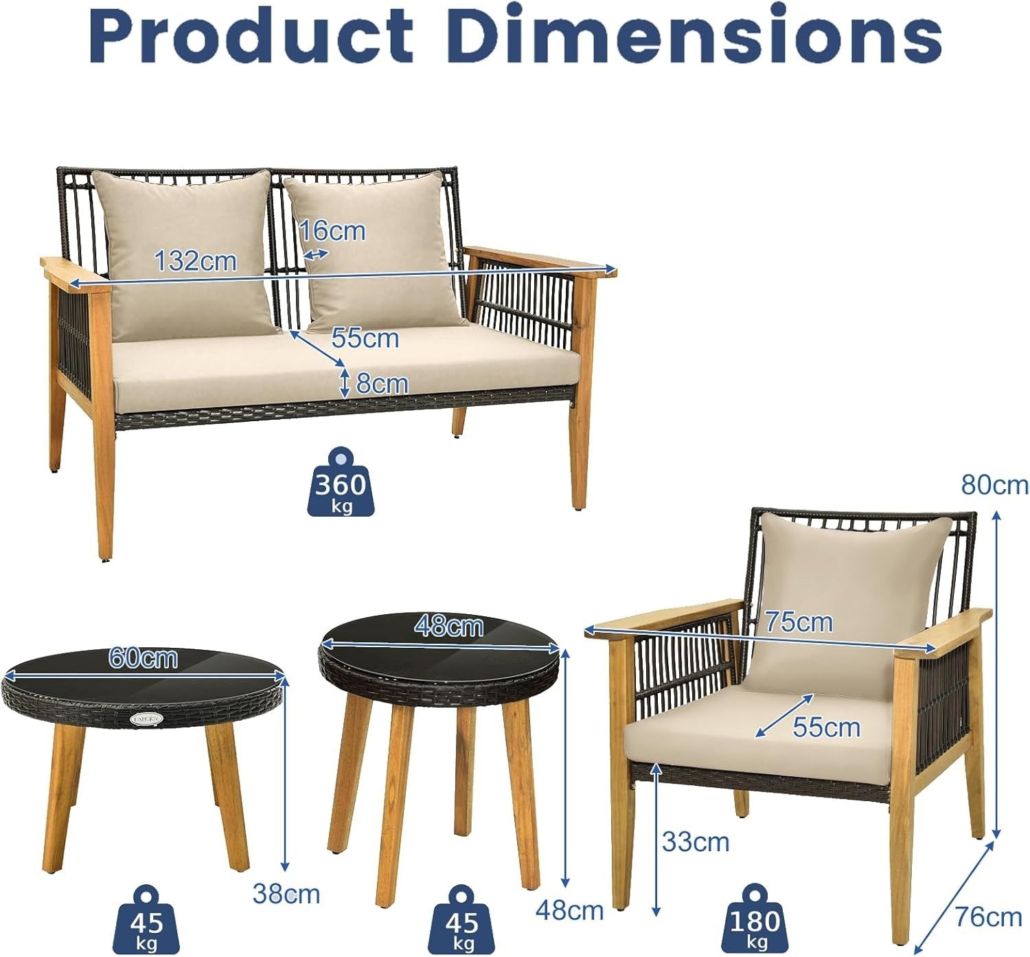 5 Piece Rattan Garden Conversation Set Sofa Chairs Tables Outdoor Patio
