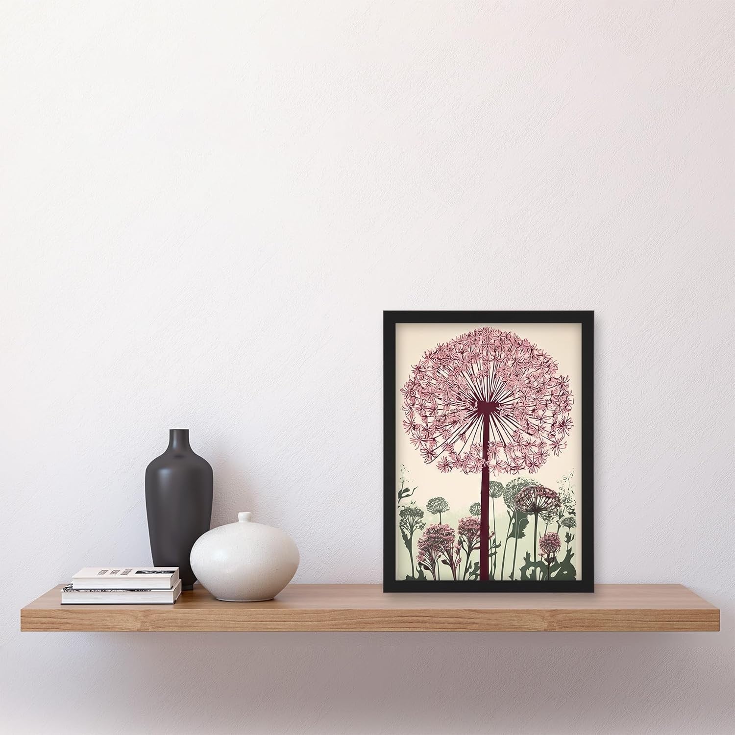Artery8 Allium Flower Linocut Wall Art Pink Green A4 Framed Print