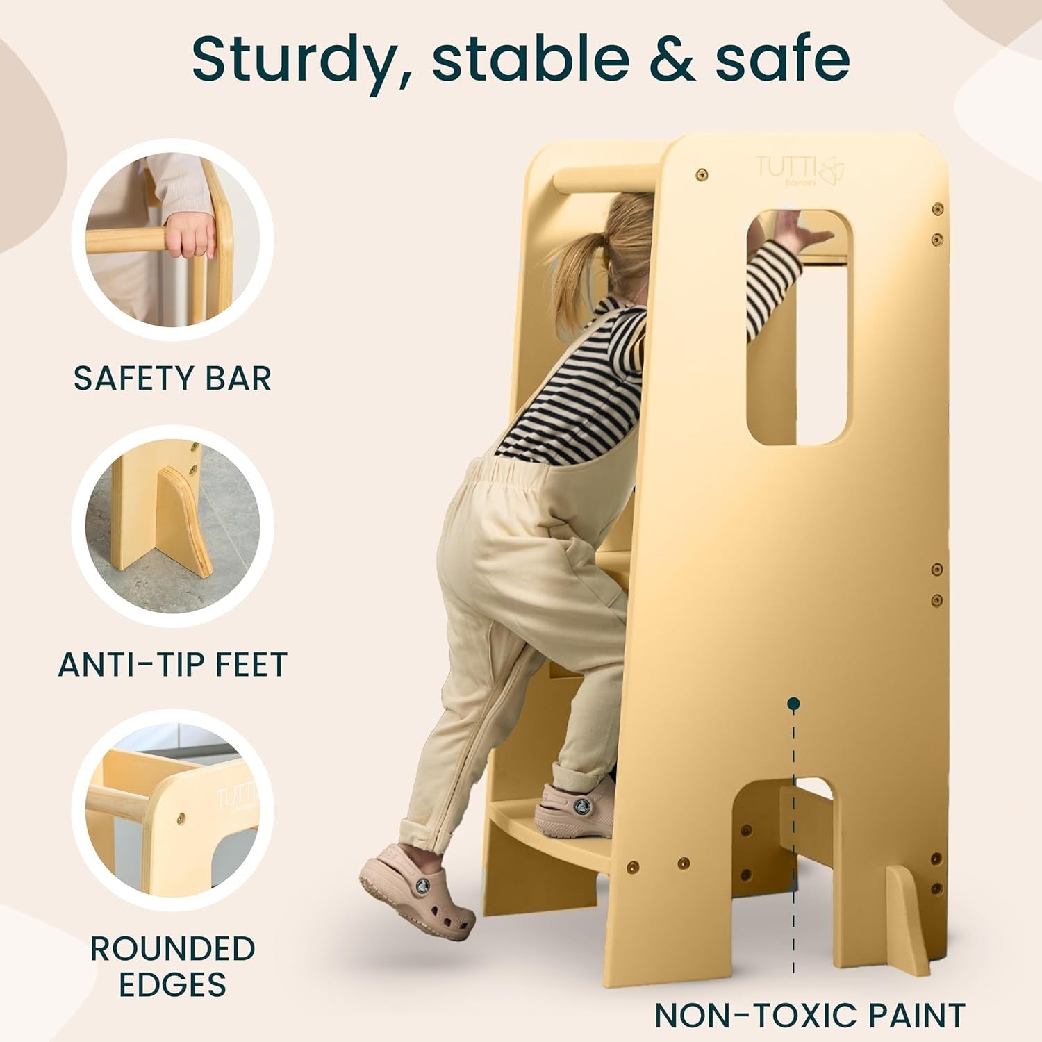 Toddler Learning Tower Stool with 3 Adjustable Heights & Anti-Tip Safety