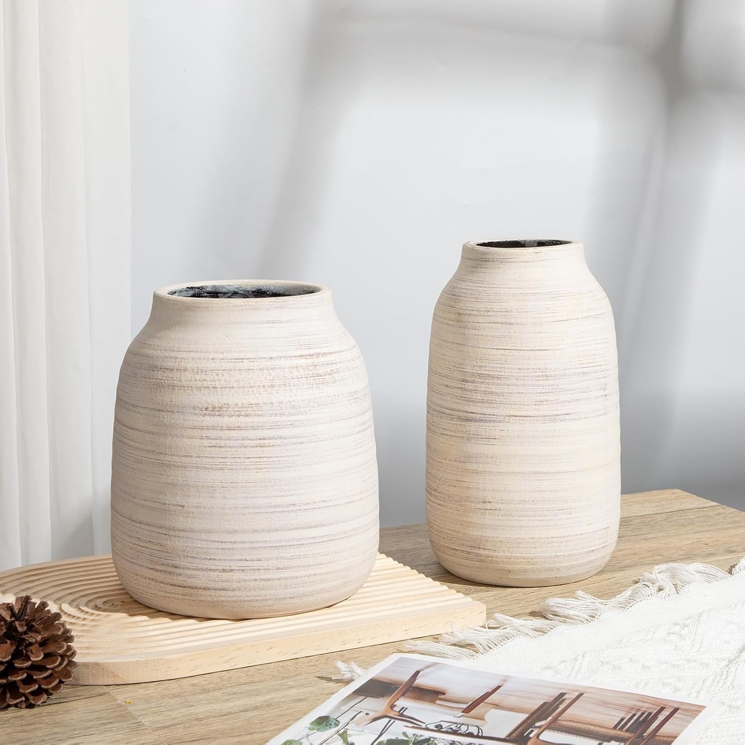 Beige Ceramic Vase 24.5cm Rustic Flower Holder Pampas Modern Home Decor