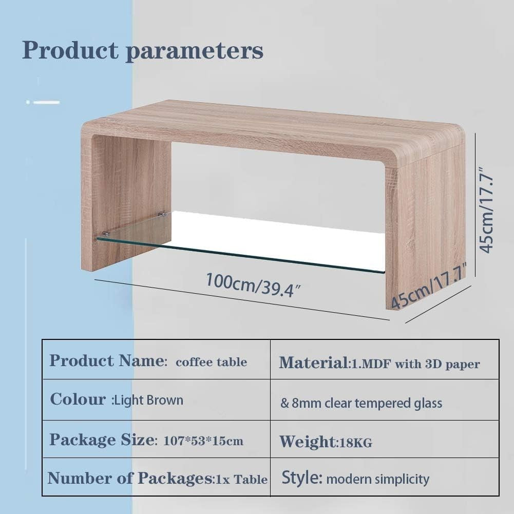 Modern Rectangular Coffee Table with Tempered Glass & Lower Shelf 100x45x45cm