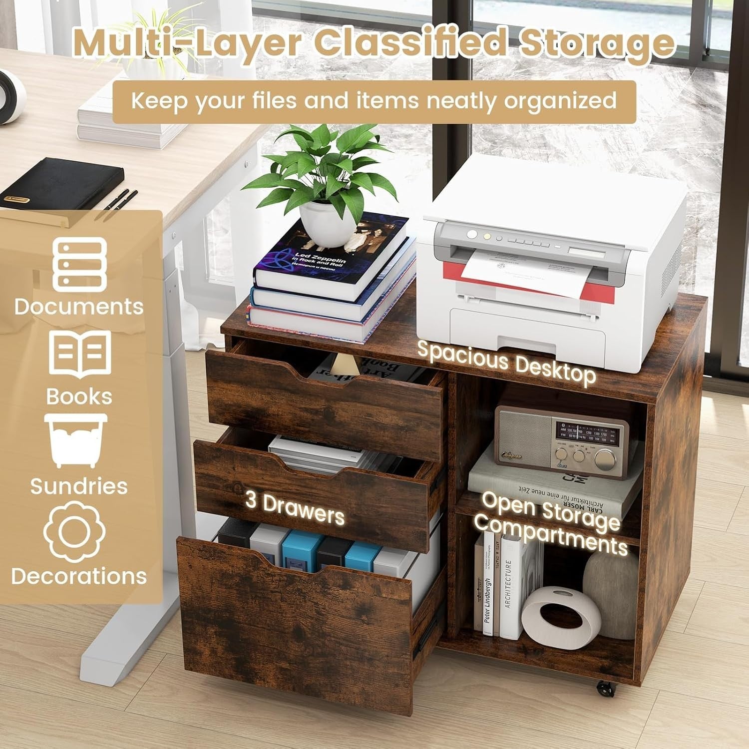 Brown Lateral Mobile Filing Cabinet 3 Drawer A4 Letter Printer