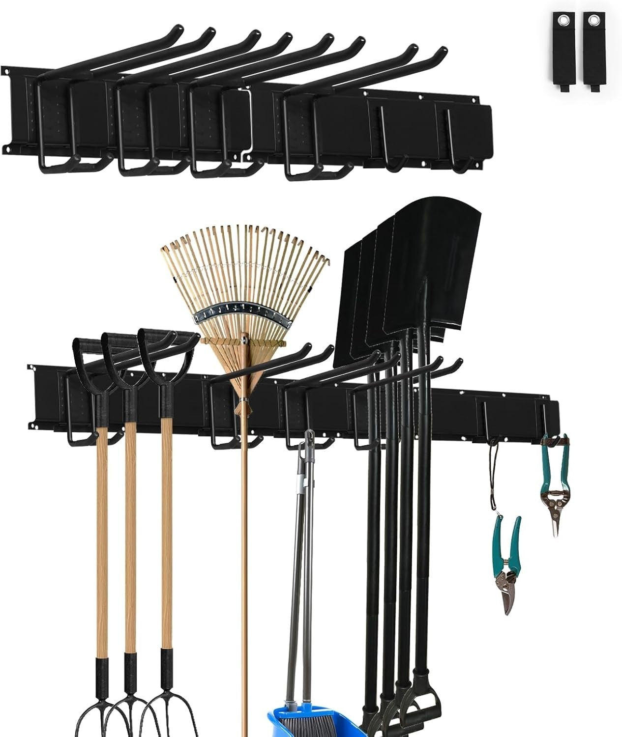 Wall-Mount Garden Tool Rack 81cm 6 Hooks & 2 Straps Garage Organizer