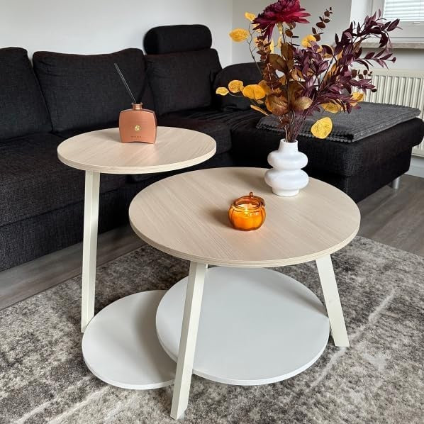 Round Nesting Coffee Table Set 2, Oak White Modern End Side Accent Tables