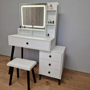 LED Vanity Dressing Table with Mirror & Stool, Makeup Desk w/ Drawers