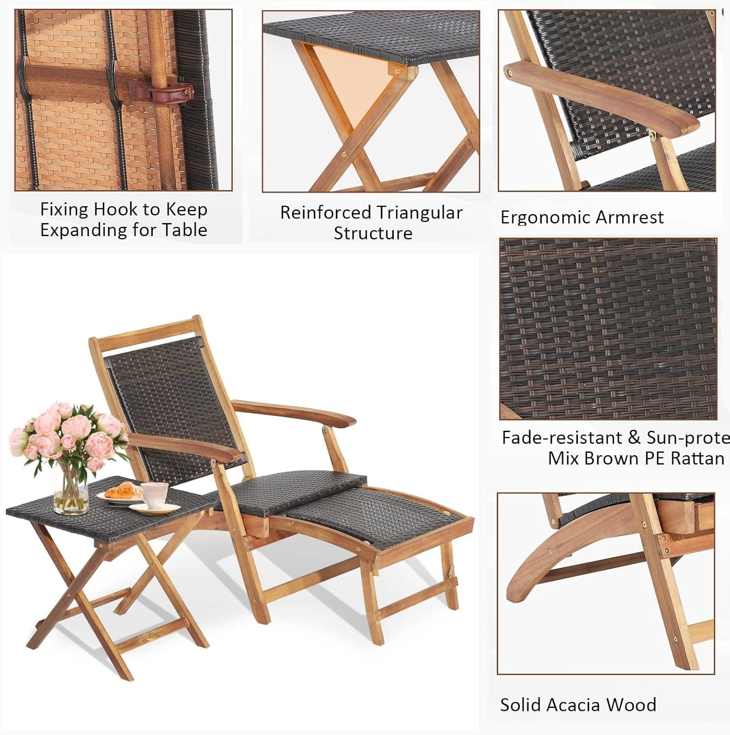 Outdoor Rattan Sun Lounger Recliner with Retractable Ottoman & Side Table