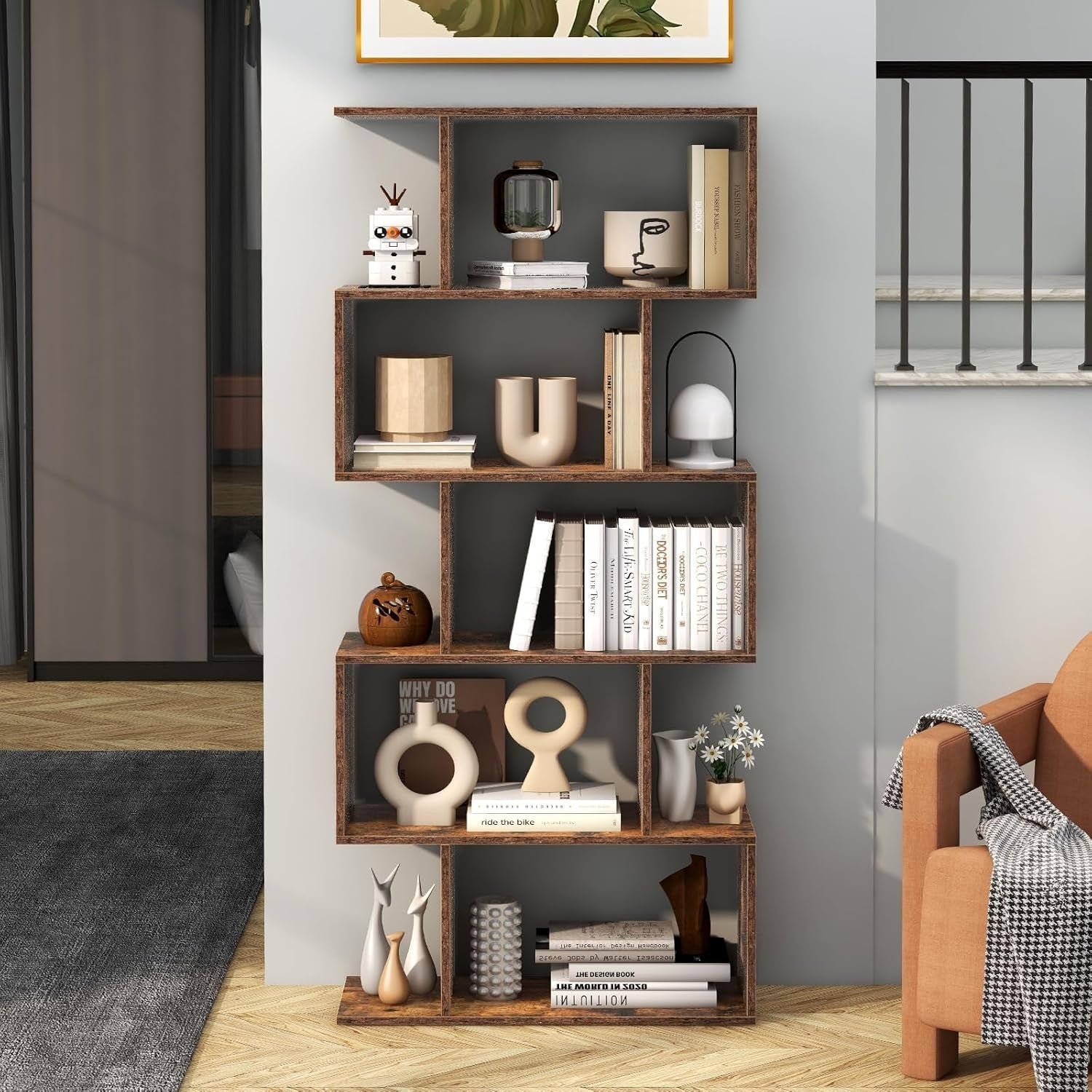 S Shaped 5 Tier Wooden Bookcase Freestanding Display Storage Shelf Rustic Brown