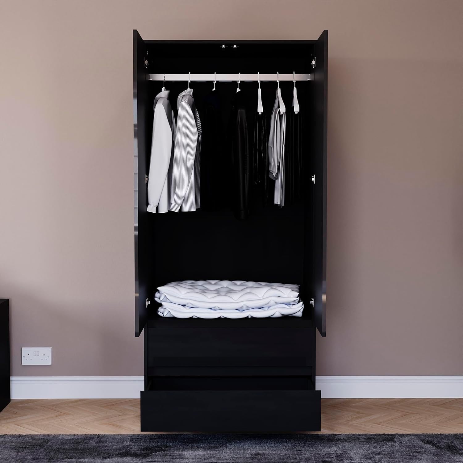 Modern 2 Door Black Wardrobe with 2 Drawers, Hanging Rail & Easy Assembly