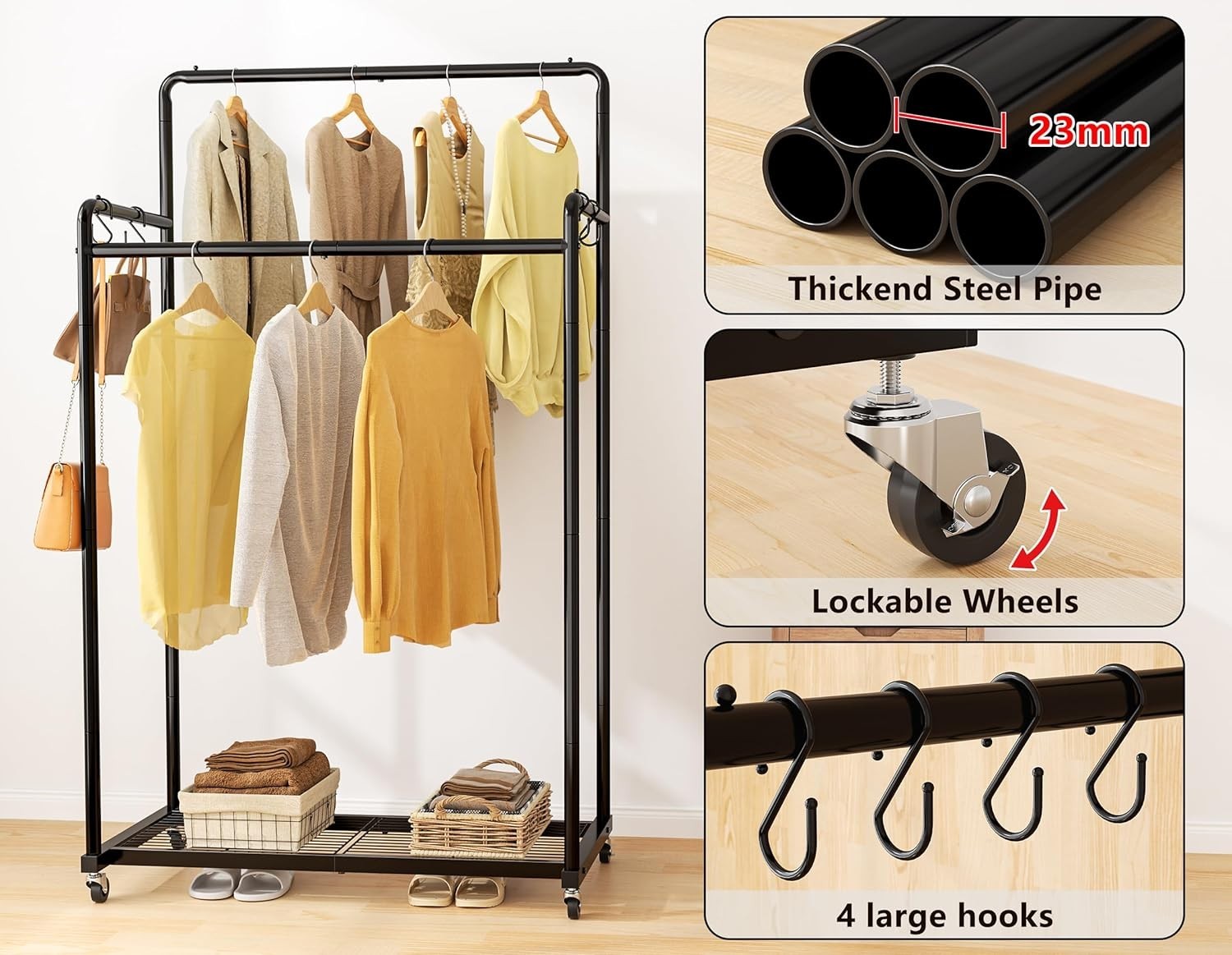 Double Clothes Rail 80KG Heavy Duty Rack With Shelf Black
