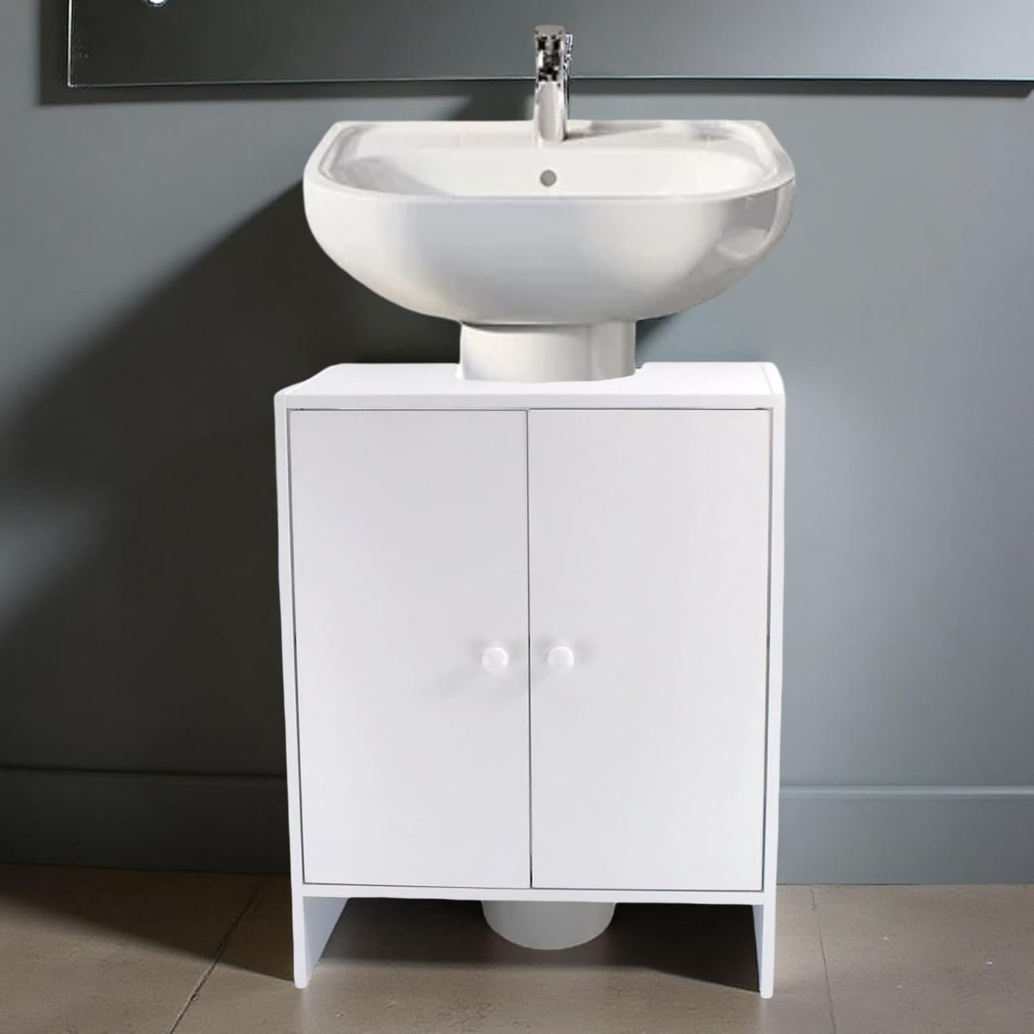 White Under Sink Bathroom Cabinet – 2 Door Freestanding Cupboard 60x30x60cm