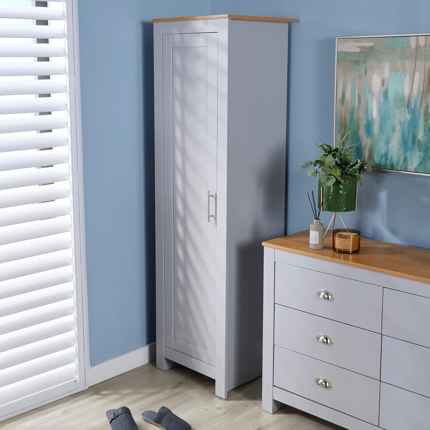 Slim Grey Oak Effect 1 Door Wardrobe Storage Cupboard for Bedroom