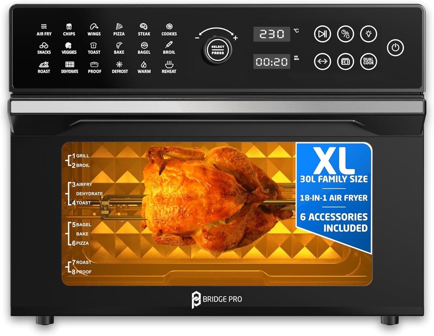 30L Air Fryer Oven Rotisserie 20-in-1 1800W 30-230C Touch Dial Low Oil