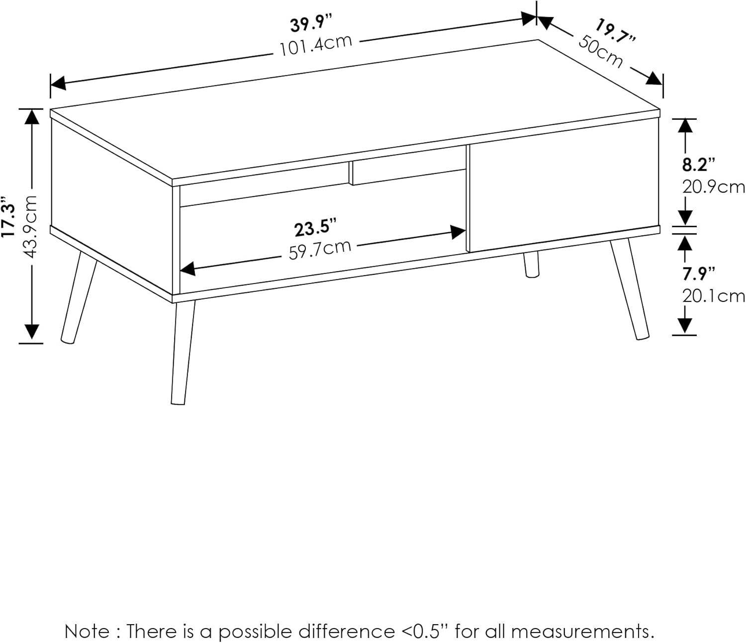 Mid Century Coffee Table with Wood Legs & 3 Open Shelves – 100x50cm Storage