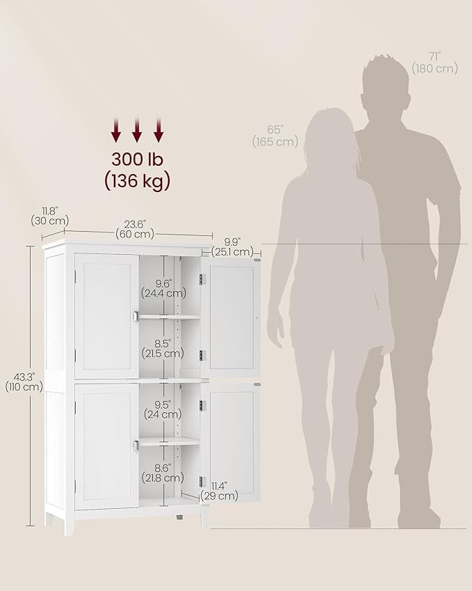 Tall White Bathroom Storage Cabinet with 4 Doors & Adjustable Shelves – Modern