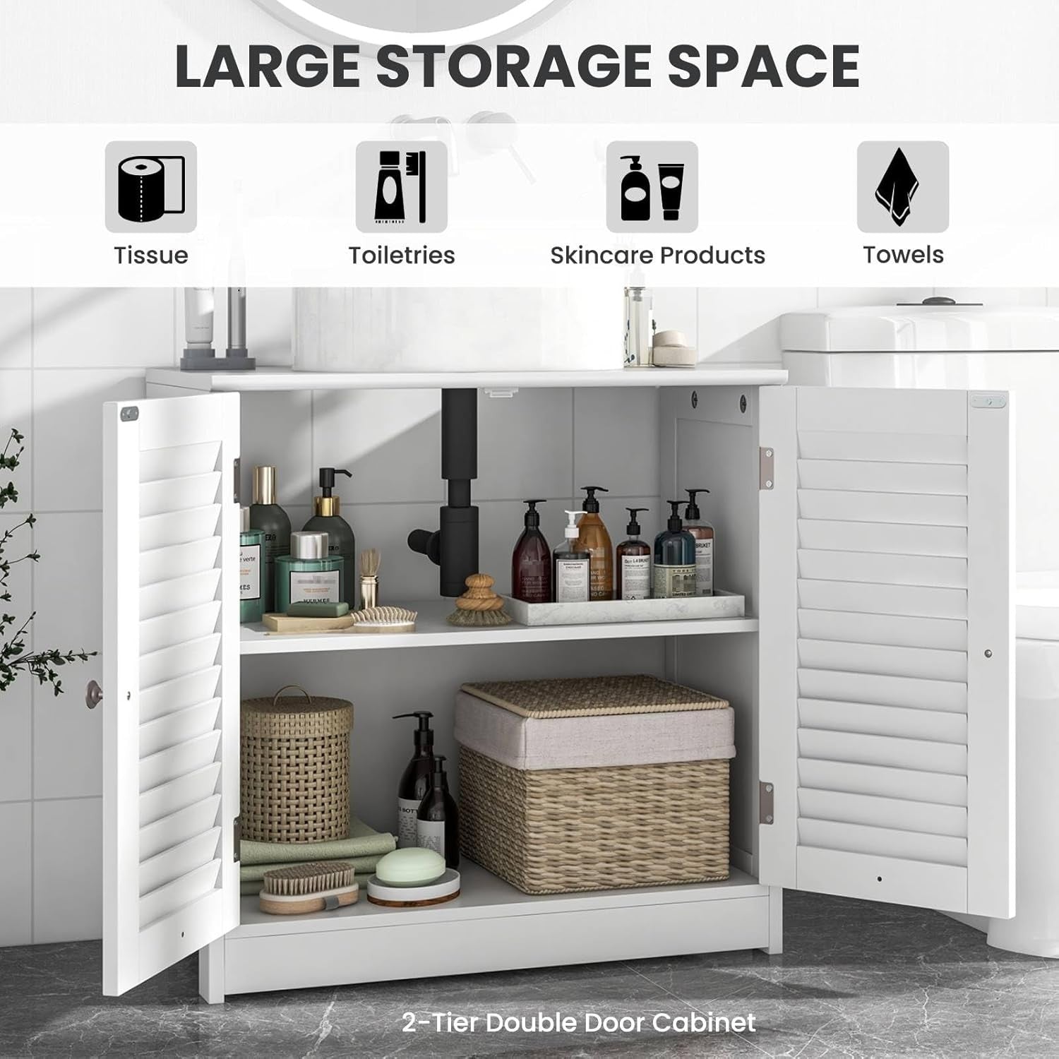 White Under Sink Bathroom Cabinet with Shutter Doors & Adjustable Storage Shelf