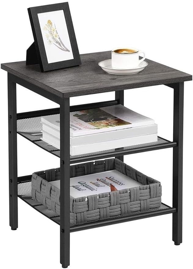 Set of 2 Industrial Bedside Tables with Adjustable Mesh Shelves, Charcoal Grey