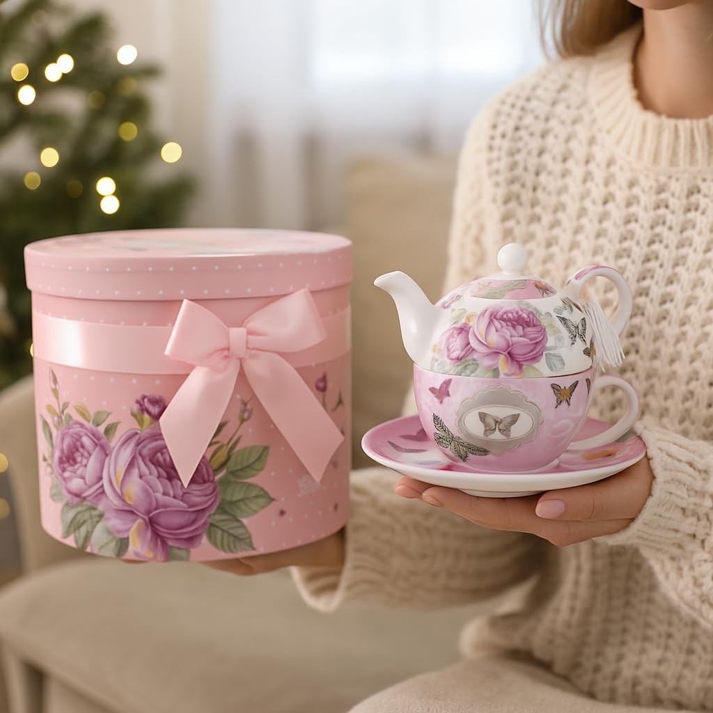 Tea for One Teapot Cup Saucer Set Vintage Rose Floral Gift Box Pink