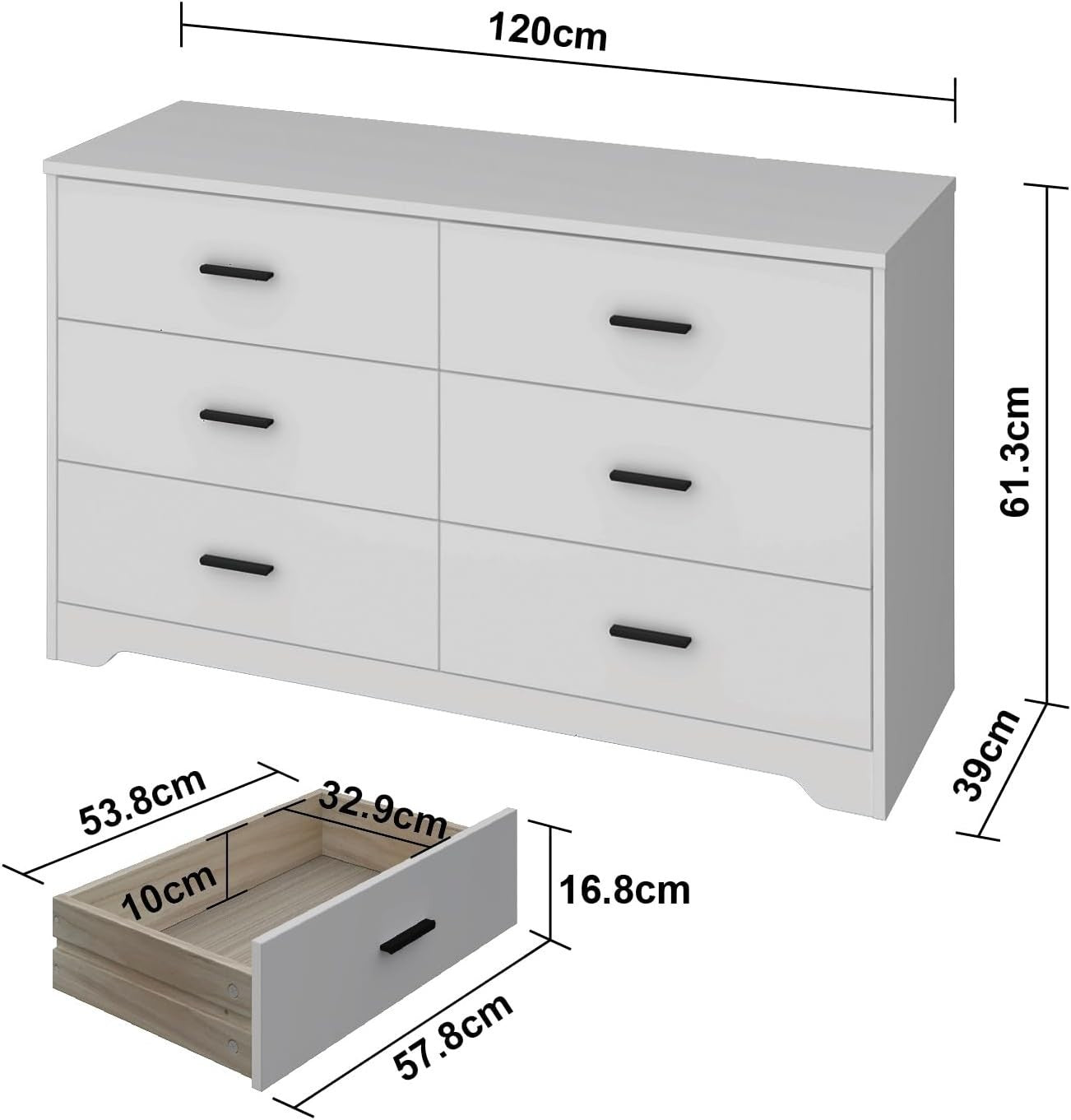 6 Drawer White Wooden Chest Storage Cabinet Bedroom Organizer with Handles