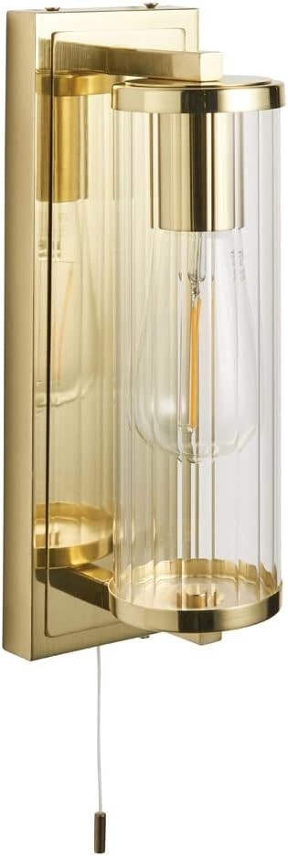 Satin Brass Bathroom Wall Light IP44 Ribbed Glass E27 Fixture Pull Switch