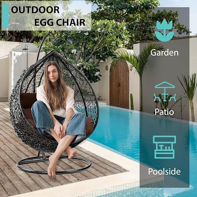 Outdoor Hanging Egg Chair Rattan Swing Seat with Cushion & Steel Frame Garden