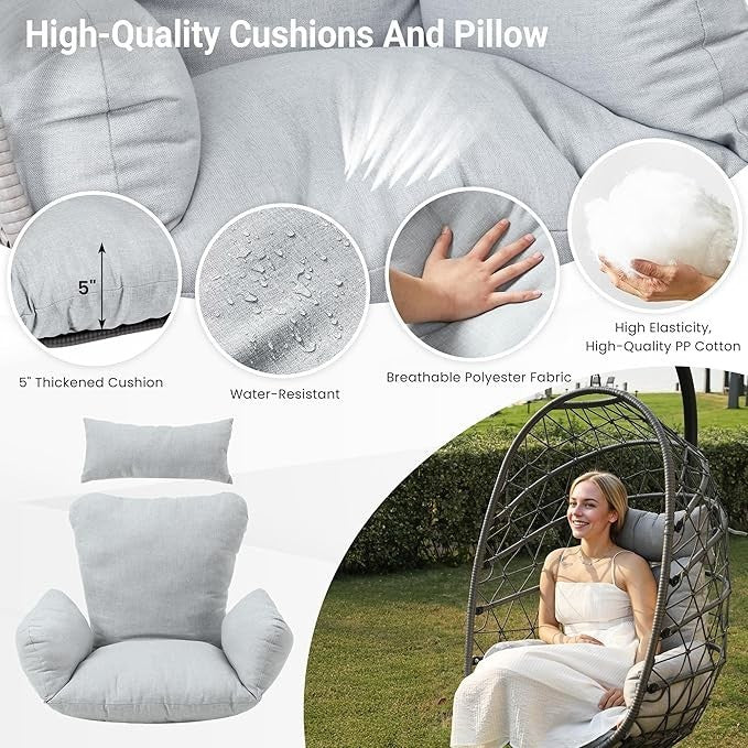Luxury Egg Hanging Chair with Stand Indoor Outdoor Rattan Swing Seat 350lbs