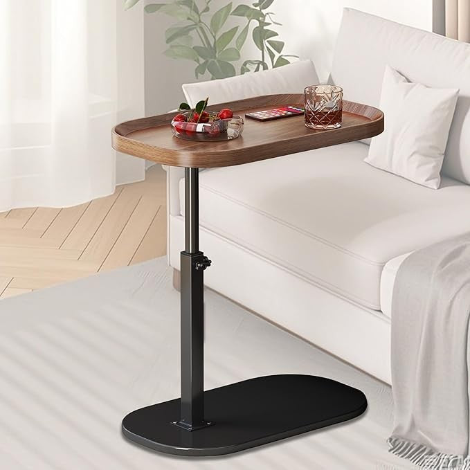C Shaped Side Table Adjustable Height Swivel Laptop Sofa Bed Walnut Desk