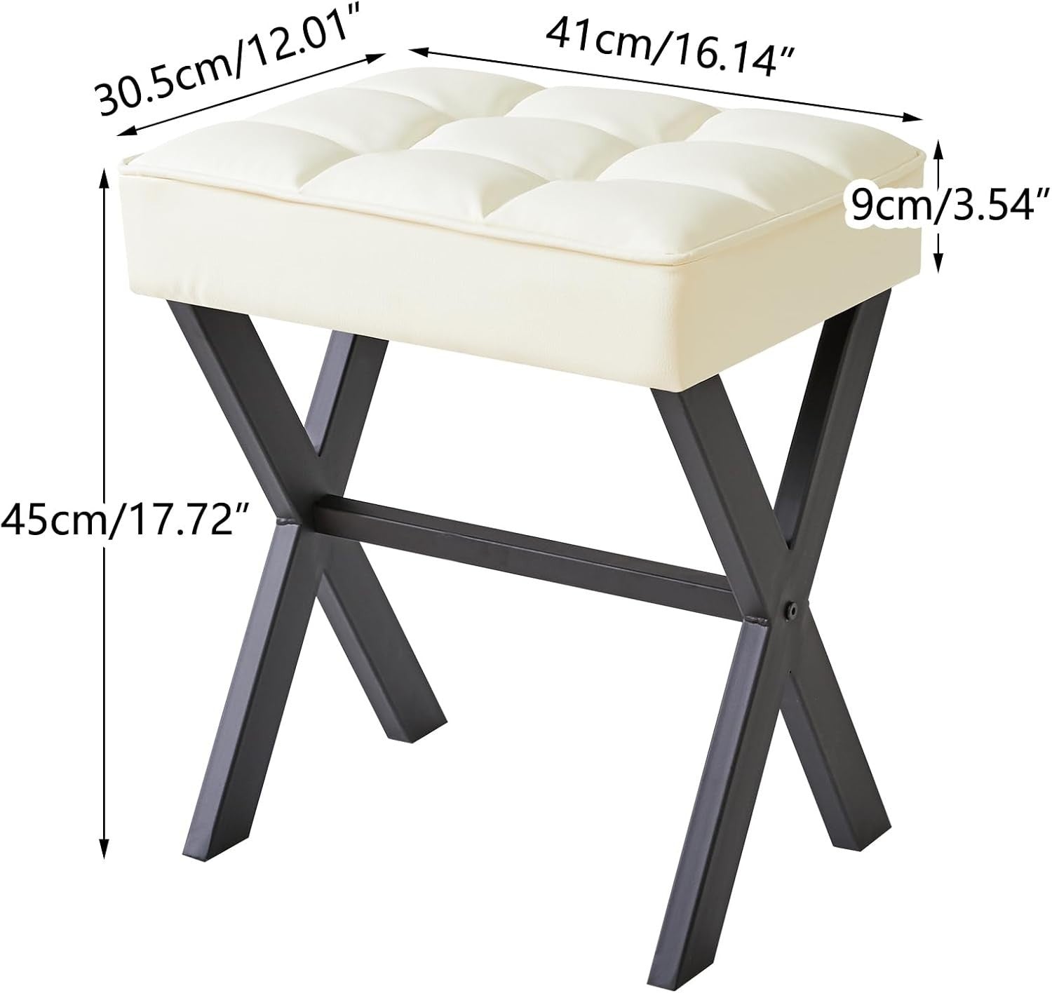 White PU X-Leg Vanity Stool – Square Makeup Seat & Footrest for Bedroom