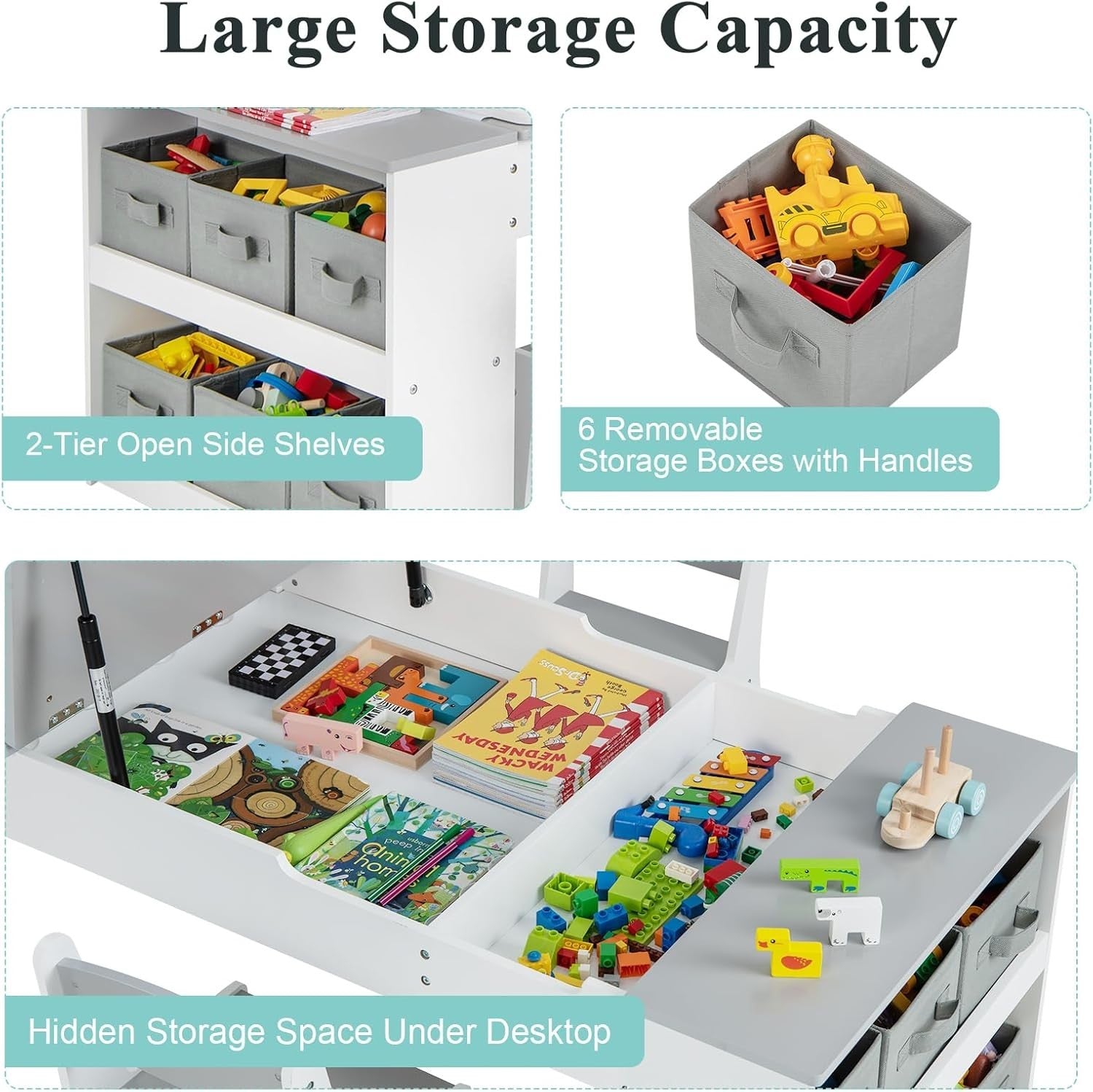 Kids Lift-Top Art & Study Table Set with Storage, Paper Roll & Paint Cups