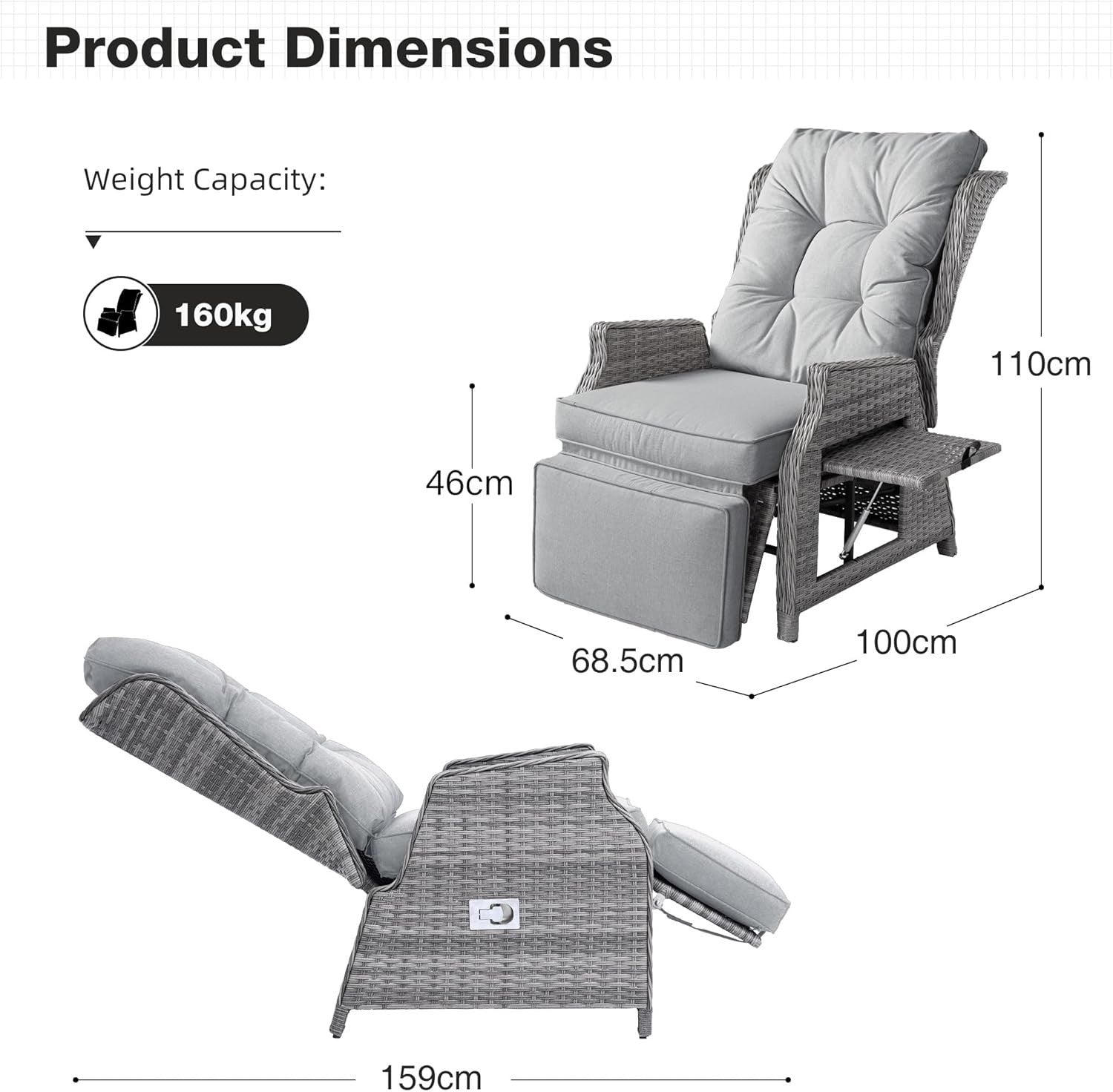 Rattan Recliner Chair Adjustable Sun Lounger with Cushions & Flip Side Table