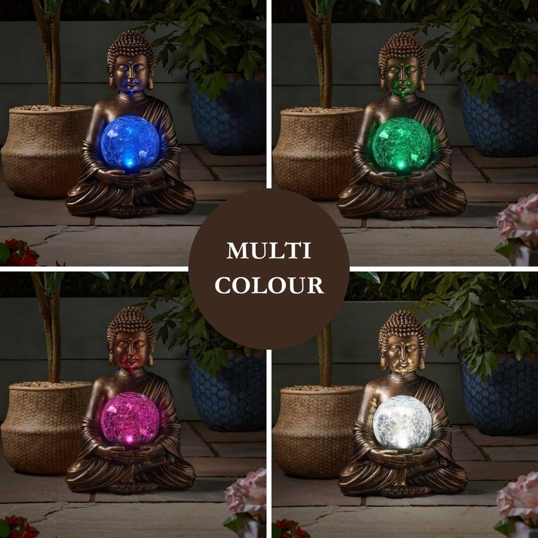 Solar Buddha Garden Statue with LED Crackle Ball Outdoor Zen Patio Ornament