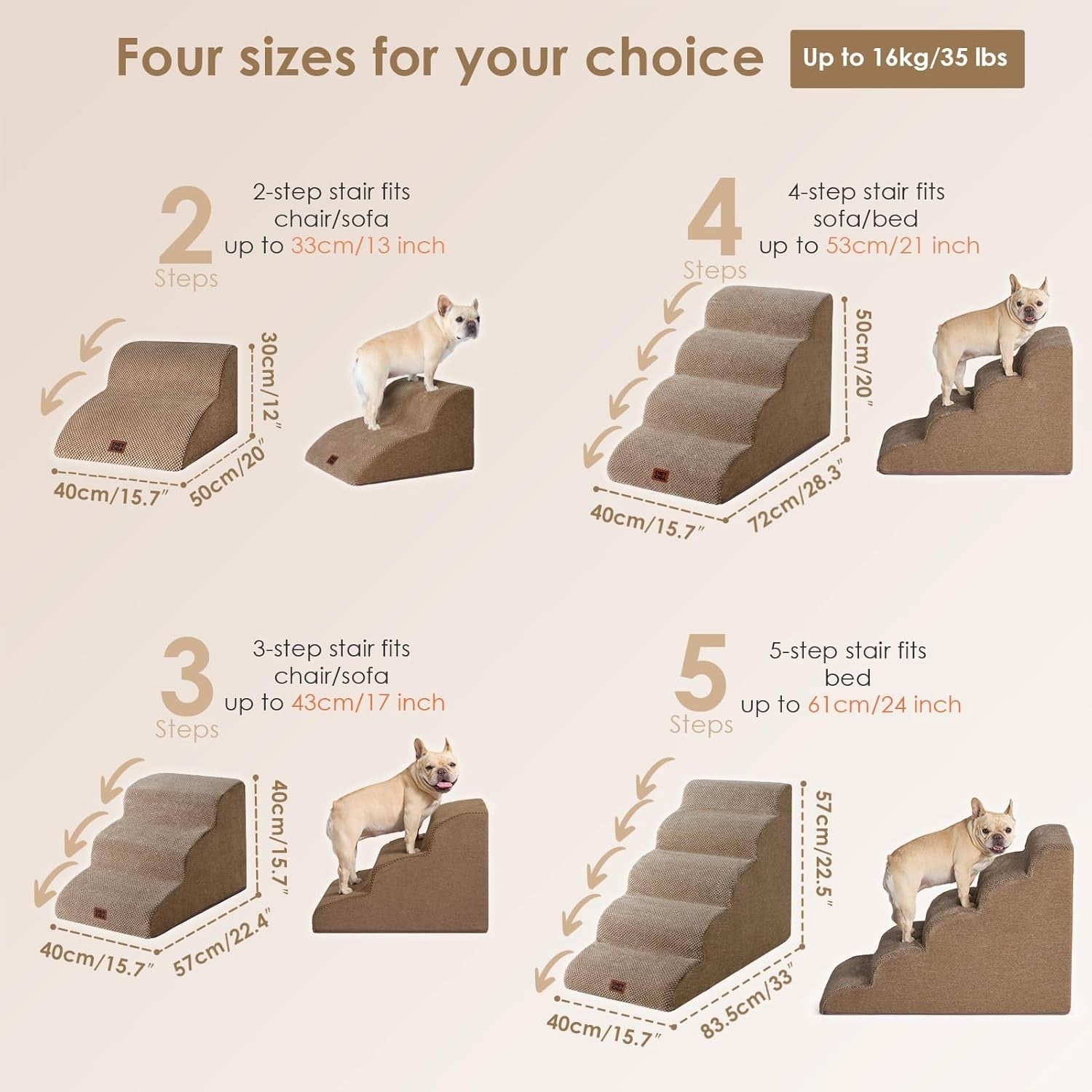 2 Step Dog Stairs for Sofa Non Slip Foam Pet Steps Washable Camel
