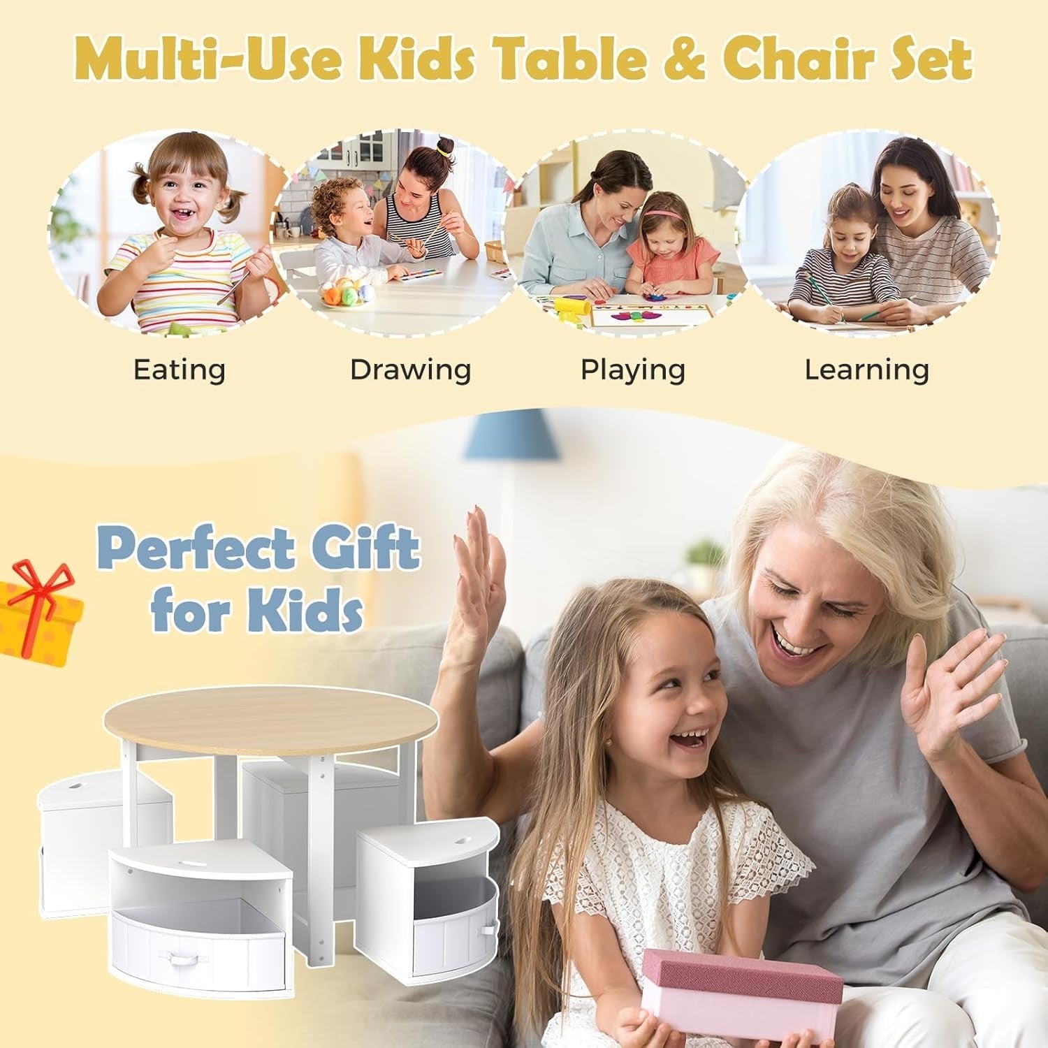 Kids Round Table & 4 Storage Stools Set with Fabric Drawers for Play & Learn