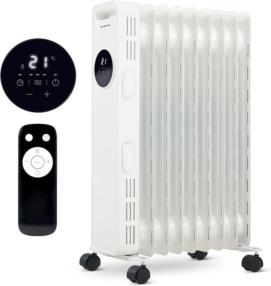 Oil Filled Radiator Heater 2000W Remote 24h Timer 9 Fin Silent White