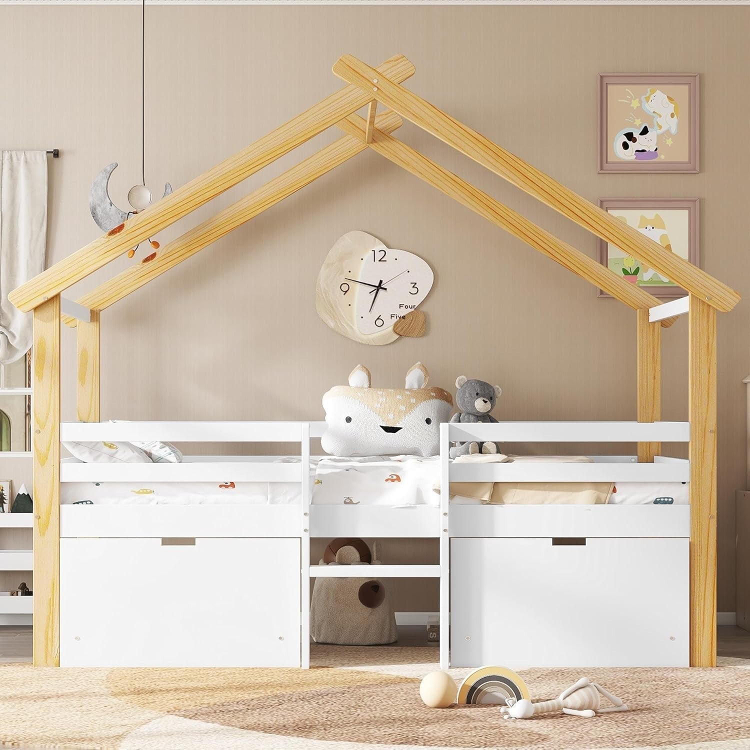 Kids Cabin Bed 3FT with Ladder & 2 Storage Drawers White Natural 90x190cm
