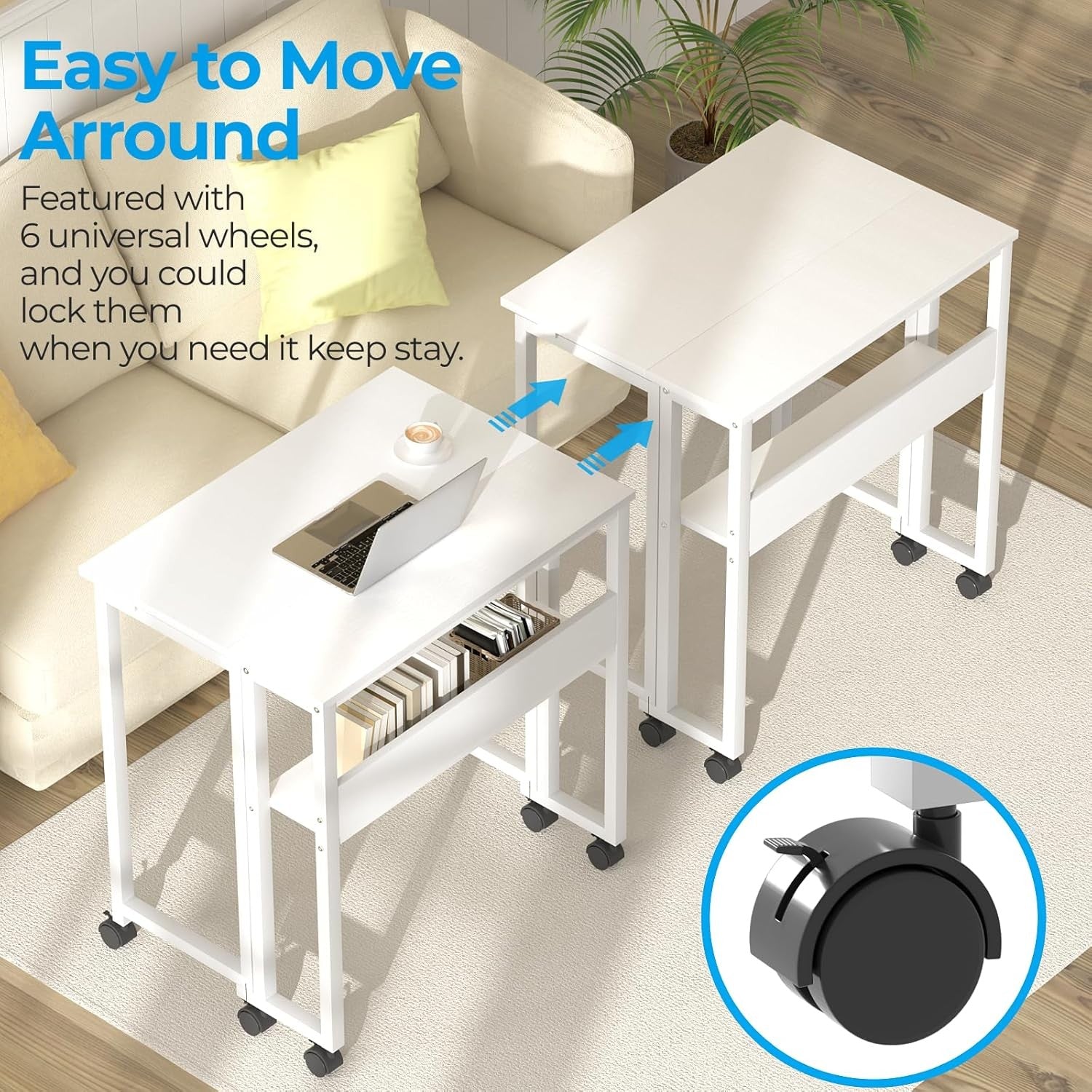 Folding Computer Desk on Wheels with Storage Shelf Space Saving White 80cm