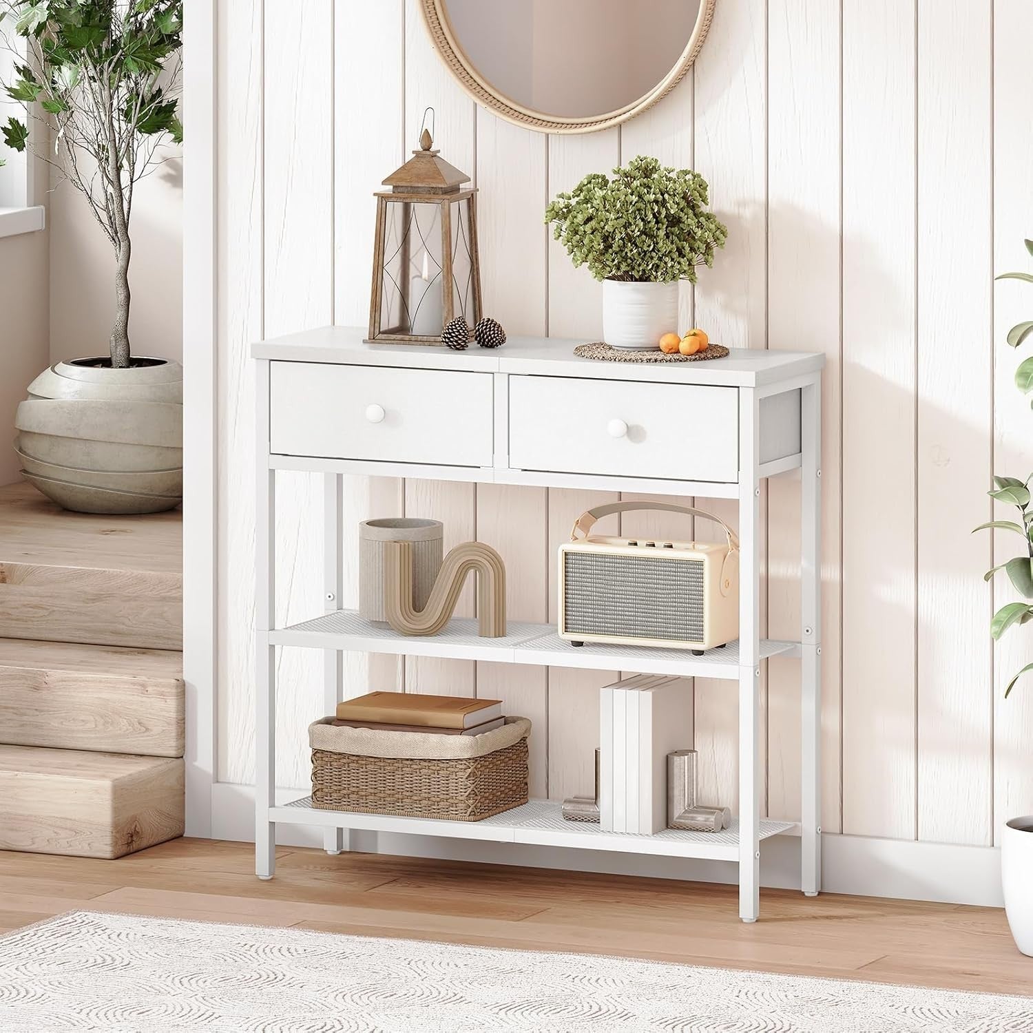 Slim White Console Table with 2 Drawers & Mesh Shelves – Space-Saving Storage