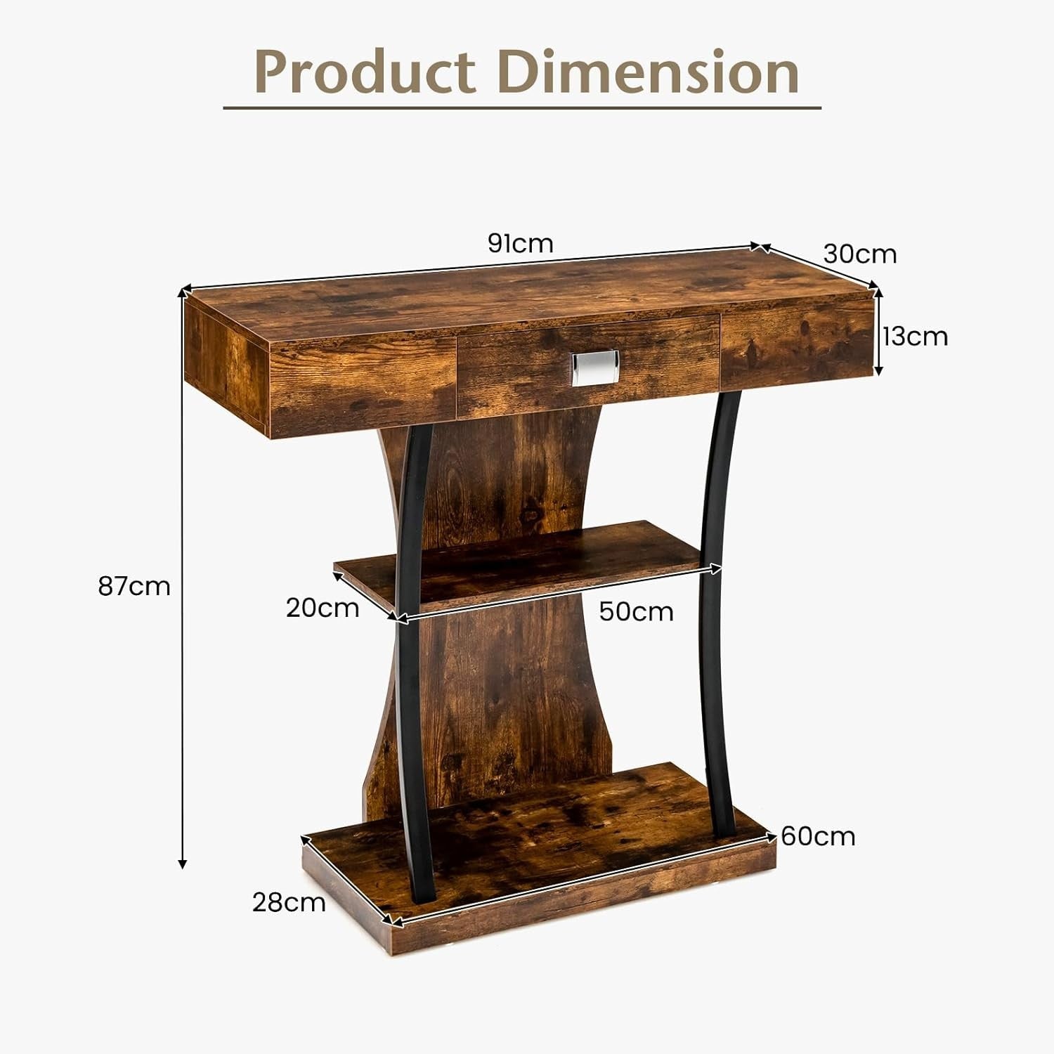 Rustic Brown Console Table with Drawer & Shelves – Slim Storage Solution