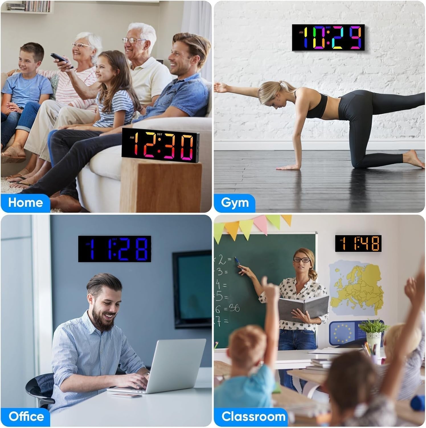 Large Digital Wall Clock LED Display 12/24H Big Numbers Night Light Remote