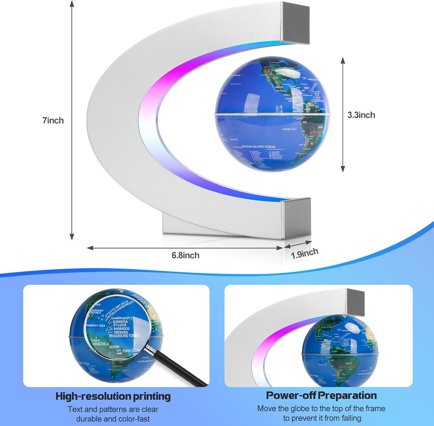 Magnetic Levitating Globe Silver LED Floating Desk Touch Lamp
