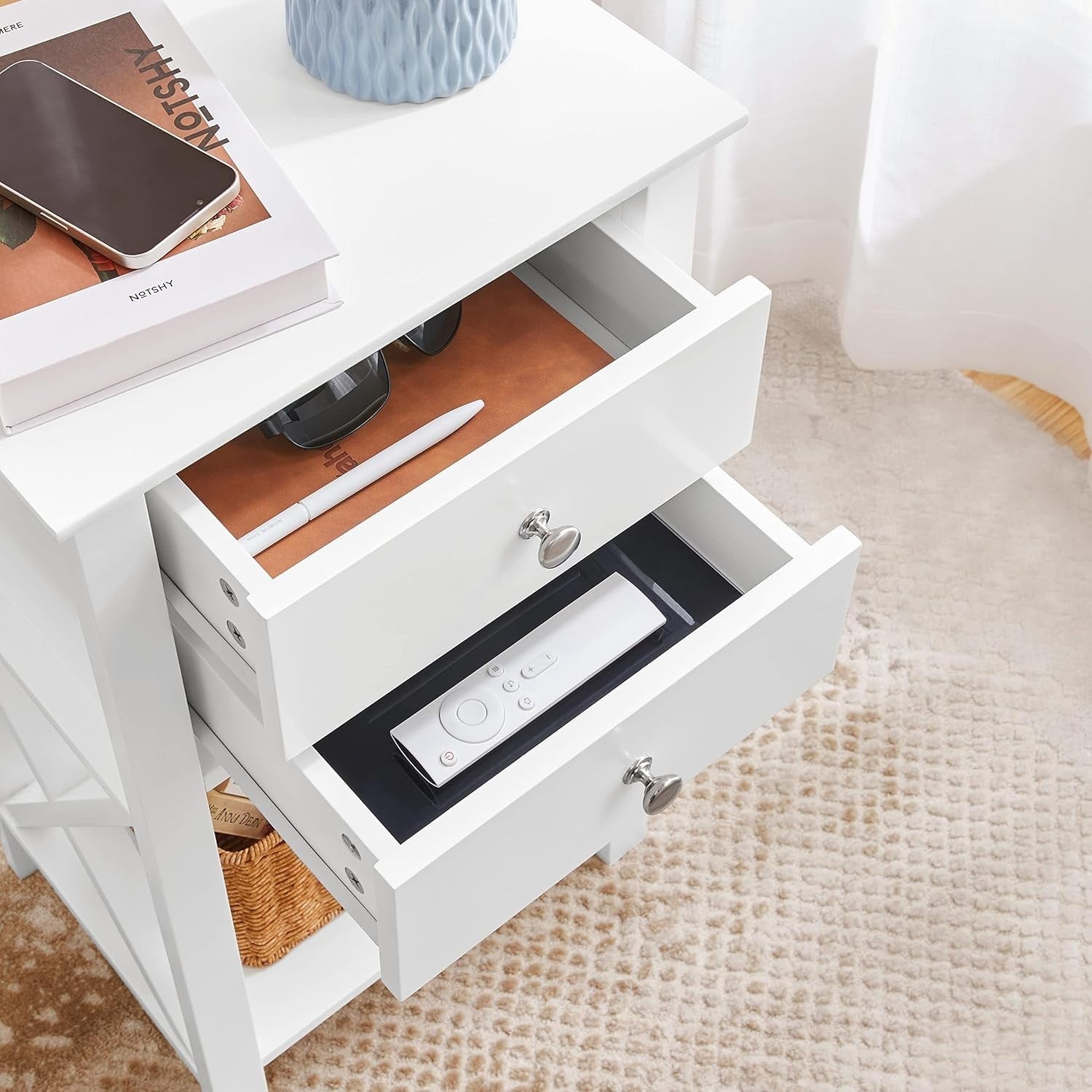 Set of 2 Tall White Bedside Tables with 2 Drawers & Shelf | Slim X-Frame