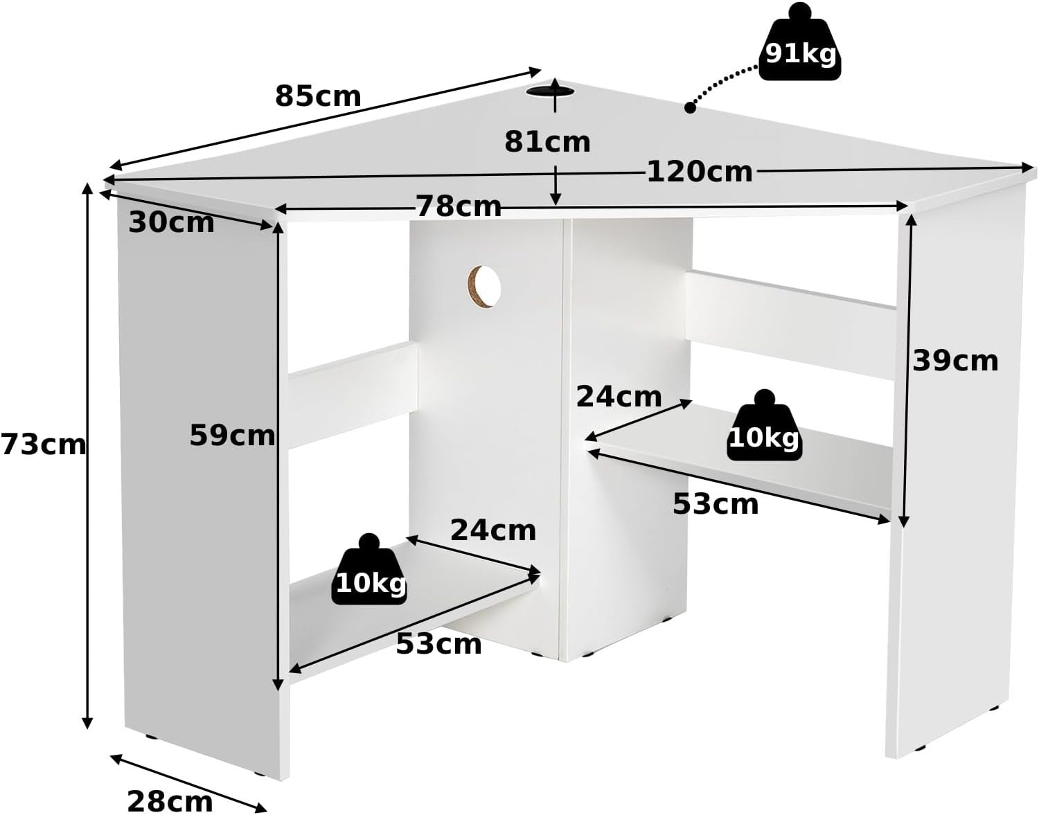White Corner Computer Desk with Shelves & Cable Holes, Space-Saving 120cm