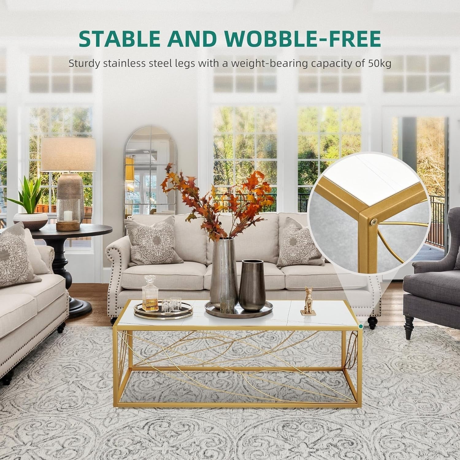 Modern White Marble Coffee Table 120x60x40cm with Metal Frame & Gold Leaf